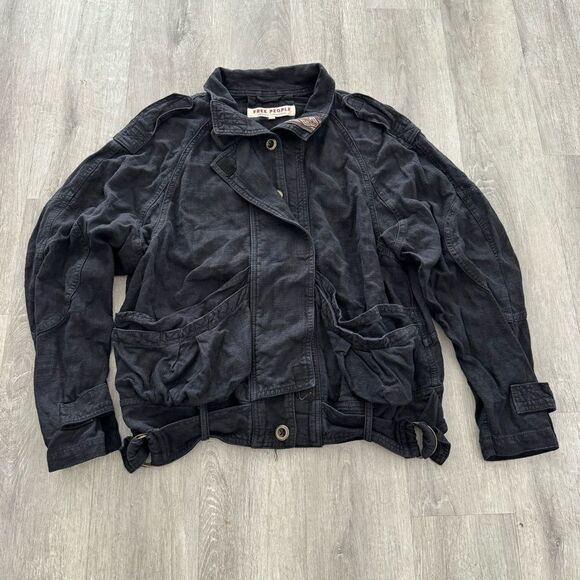 FREE PEOPLE Jacket Women's Small Black Linen Military Bomber Jayde Safari - Picture 1 of 6